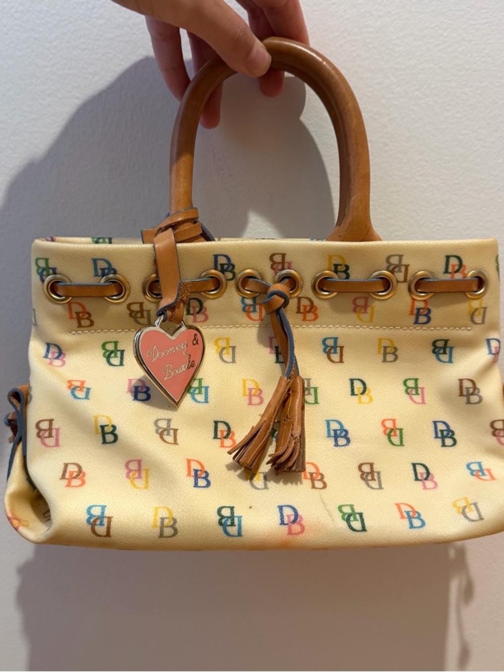 Vintage Y2K 90s Dooney & Bourke Cream Multicolor DB Logo Leather-Trim Mini Tote - Picture 2 of 9